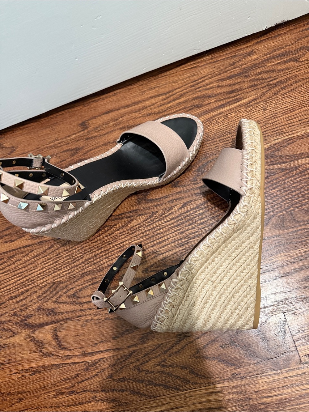 Valentino Garavani Blush Pink Studded Ankle-Strap Espadrille Wedges - Picture 3 of 7